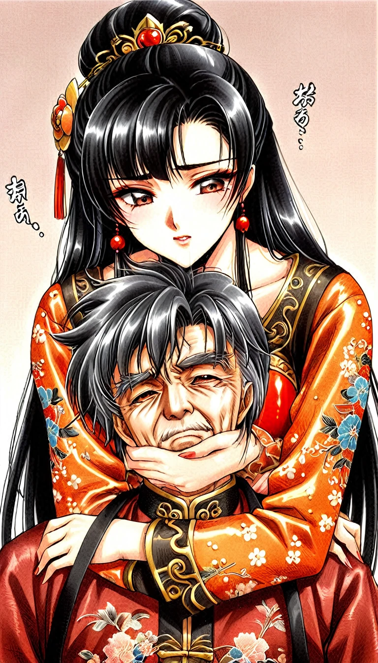 Beautiful  Chinese Kung Fu girl princess with long black hair　Gorgeous embroidery, Ultra glossy, She is wearing shiny red long sleeve floral pajamas....　She is forced to embrace an old man in front of her lover.