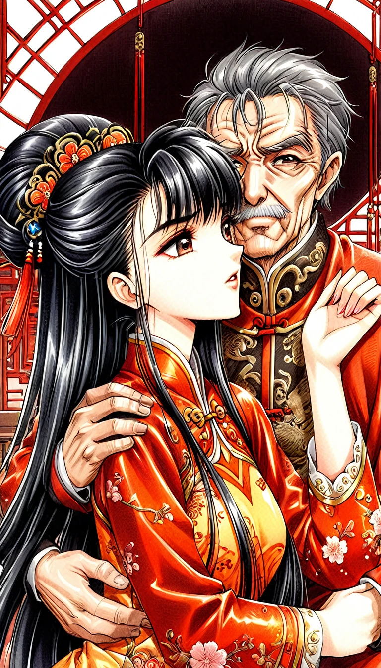 Beautiful  Chinese Kung Fu girl princess with long black hair　Gorgeous embroidery, Ultra glossy, She is wearing shiny red long sleeve floral pajamas....　She is forced to embrace an old man in front of her lover.