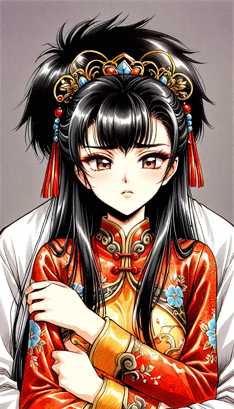 Beautiful  Chinese Kung Fu girl princess with long black hair　Gorgeous embroidery, Ultra glossy, She is wearing shiny red long sleeve floral pajamas....　She is forced to embrace an old man in front of her lover.