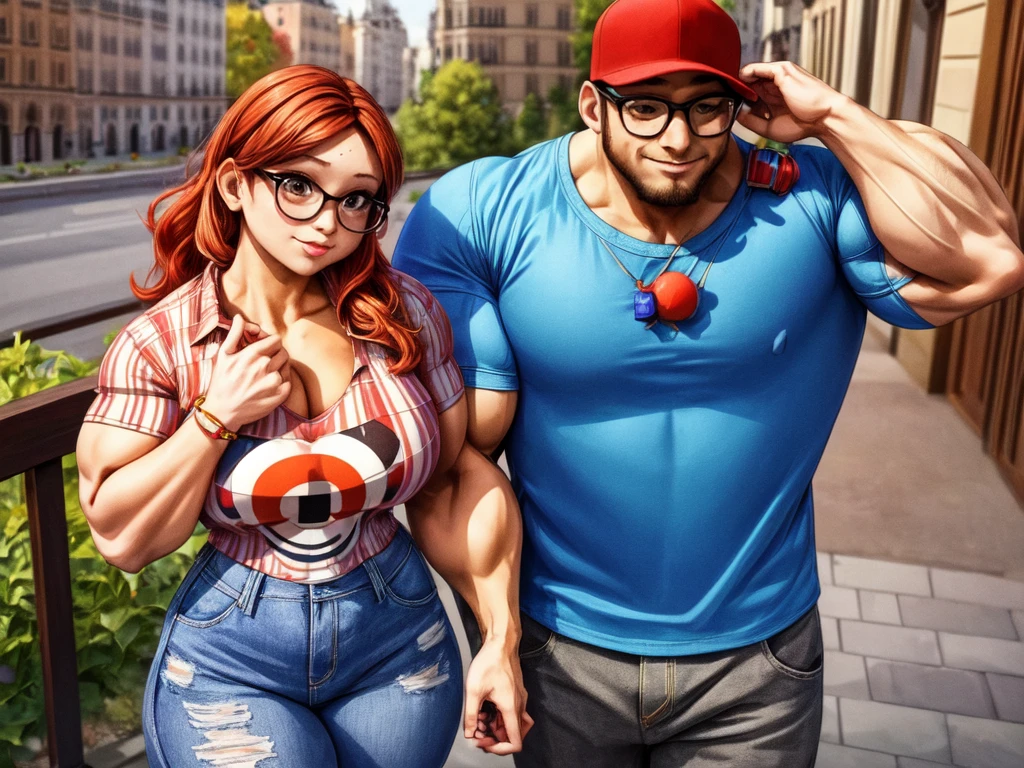 (masterpiece, best quality:1.2), A couple , boy Nino Lahiffe: Brown skin, dark hair, usually seen wearing a red cap, glasses, and casual clothing like a T-shirt and jeans, and a girl Alya Césaire: Brown skin, curly dark brown hair, often wears glasses, and typically seen in stylish, casual outfits. A casual day out with both characters in their everyday attire,Sharing a tender moment, like sitting on a rooftop overlooking Paris..(girl and boy:1), smiling, ((high resolution illustration)), ((extremely detailed)), (couple), Alya, Nino, Nino X Alya, (best quality,4k,8k,highres,masterpiece:1.2), ultra-detailed, realistic:1.37, HDR, studio lighting, extreme detail description, nino wearing a red cap, professional, vibrant colors, bokeh, ((muscular female bodybuilder)), detailed lips, strong embrace, romantic scene, intimate moment, intense passion, athletic bodies, fitness couple, gym background, muscular definition, sculpted muscles, sweat glistening,muscular