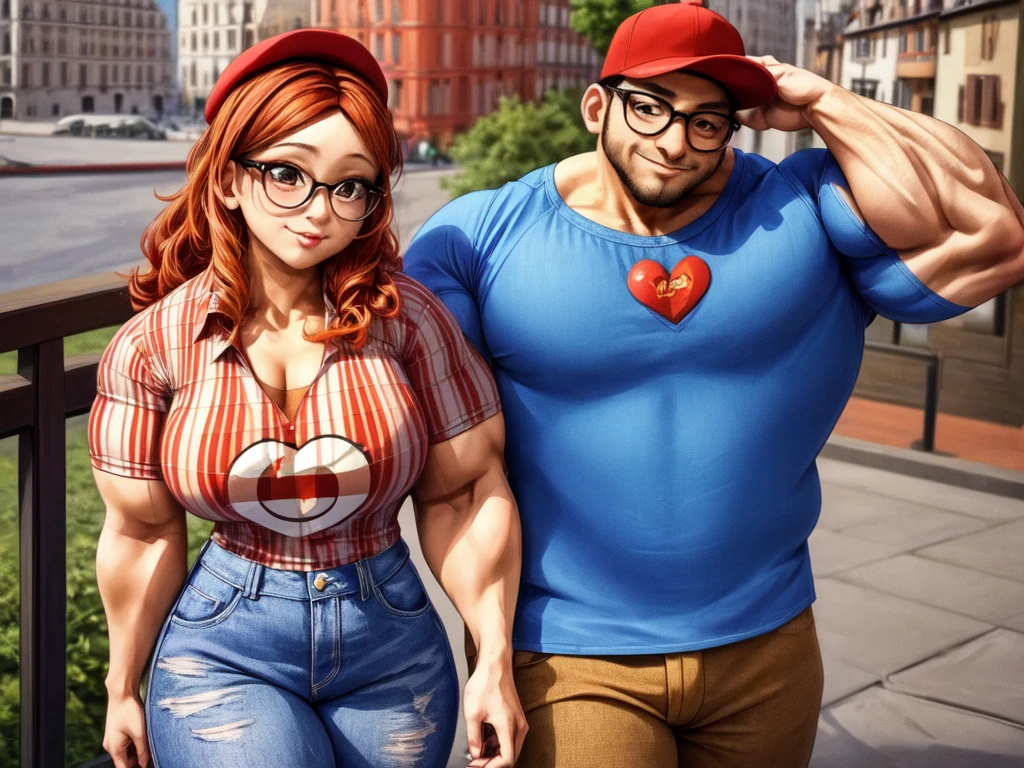 (masterpiece, best quality:1.2), A couple , boy Nino Lahiffe: Brown skin, dark hair, usually seen wearing a red cap, glasses, and casual clothing like a T-shirt and jeans, and a girl Alya Césaire: Brown skin, curly dark brown hair, often wears glasses, and typically seen in stylish, casual outfits. A casual day out with both characters in their everyday attire,Sharing a tender moment, like sitting on a rooftop overlooking Paris..(girl and boy:1), smiling, ((high resolution illustration)), ((extremely detailed)), (couple), Alya, Nino, Nino X Alya, (best quality,4k,8k,highres,masterpiece:1.2), ultra-detailed, realistic:1.37, HDR, studio lighting, extreme detail description, nino wearing a red cap, professional, vibrant colors, bokeh, ((muscular female bodybuilder)), detailed lips, strong embrace, romantic scene, intimate moment, intense passion, athletic bodies, fitness couple, gym background, muscular definition, sculpted muscles, sweat glistening,muscular