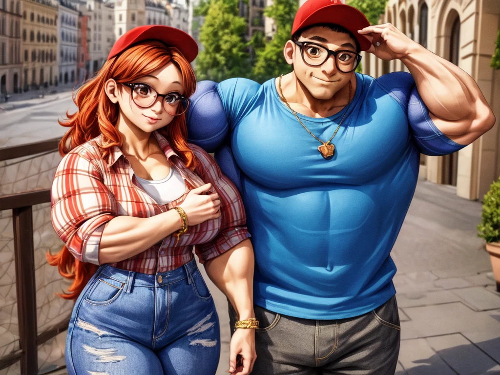 (masterpiece, best quality:1.2), A couple , boy Nino Lahiffe: Brown skin, dark hair, usually seen wearing a red cap, glasses, and casual clothing like a T-shirt and jeans, and a girl Alya Césaire: Brown skin, curly dark brown hair, often wears glasses, and typically seen in stylish, casual outfits. A casual day out with both characters in their everyday attire,Sharing a tender moment, like sitting on a rooftop overlooking Paris..(girl and boy:1), smiling, ((high resolution illustration)), ((extremely detailed)), (couple), Alya, Nino, Nino X Alya, (best quality,4k,8k,highres,masterpiece:1.2), ultra-detailed, realistic:1.37, HDR, studio lighting, extreme detail description, nino wearing a red cap, professional, vibrant colors, bokeh, ((muscular female bodybuilder)), detailed lips, strong embrace, romantic scene, intimate moment, intense passion, athletic bodies, fitness couple, gym background, muscular definition, sculpted muscles, sweat glistening,muscular