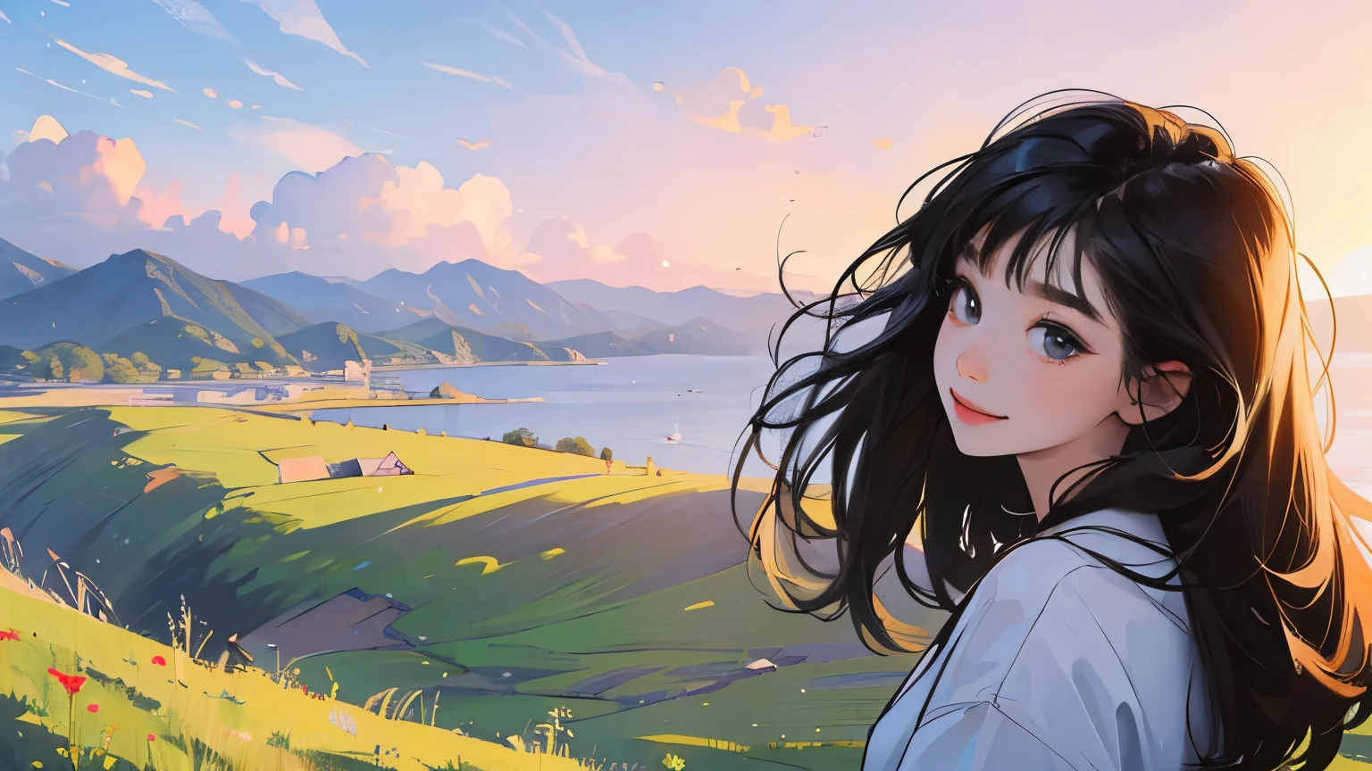 ((masterpiece)),(((bestquality))),((ultra-detailed)) realisticlying, 1 girl, Beautiful, black hair, happy, solo, The sky morning, looking to viewer, home.