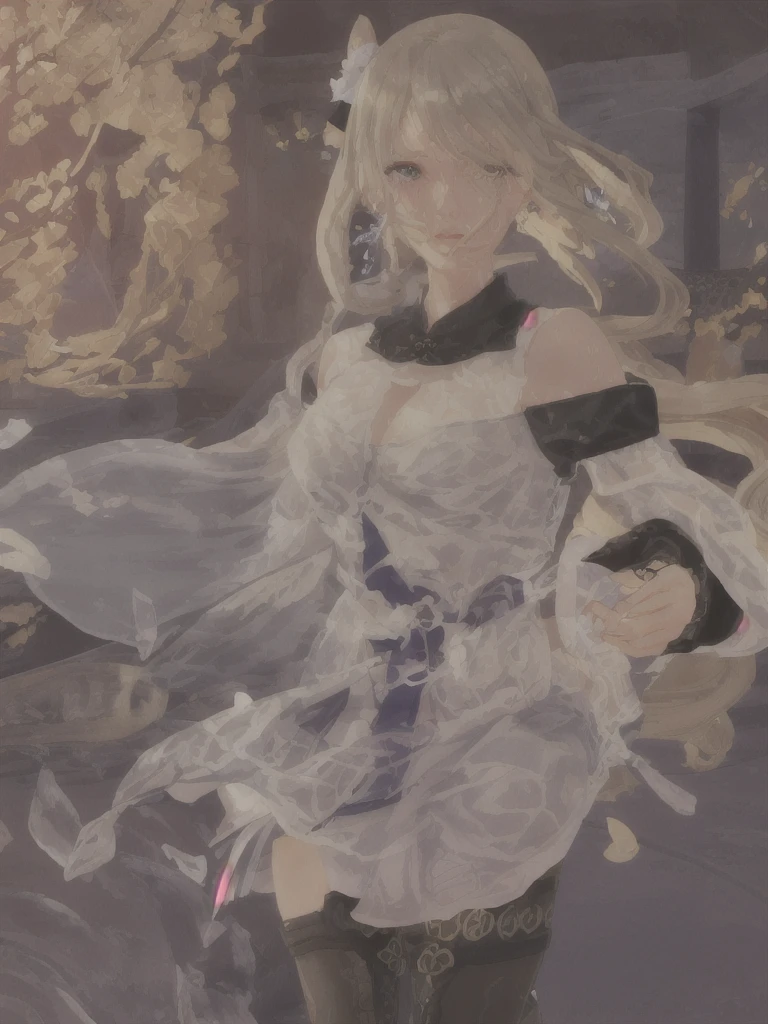masterpiece, best quality:1.2), 1girl, 独奏, source anime, clorinde \(genshin impact\), tricorn, black pantyhose, earrings, blue cape, white gloves, pencil skirt, white shirt, thigh strap, underbust, ascot, fold-over boots,blue eyes, hair ornaments, Hair Ribbon, blunt , Both sides up, butterfly hair ornaments, skirt,Off the shoulder、Random color see-through kunoichi costume、Japanese see-through female samurai costume、See-through female ninja costume,, Open clothes, Collared dress emphasizes cleavage、胸の谷間のSweat is noticeable、Professional lighting light reflection、 looking at viewer, (masterpiece:1.2), Highest quality, High resolution, unity 8k wallpaper, (figure:0.8), (Beautiful fine details:1.6), Highly detailed face, Perfect lighting, Highly detailed CG, (Perfect hands, Perfect Anatomy),heavy rain、heavy rainで全身びしょ濡れ、heavy rainで全身びしょ濡れの服、High heels、 ((Perfect handsの形))、(Perfect foot shape、Embarrassed expression、blush、Gestures to seduce a man、Shining Sweat、Perfect Skin,Sweat is noticeable、太もものSweat is noticeable、 Fair skin,Tight waist, Sweating profusely、Sweaty hair、Sweaty clothes、Sweaty、Visible sweat、rain-wet hair、A vast Western church with stained glass windows、Holding a Japanese sword、Athlete System、cherry blossoms、Blonde、Silver Hair