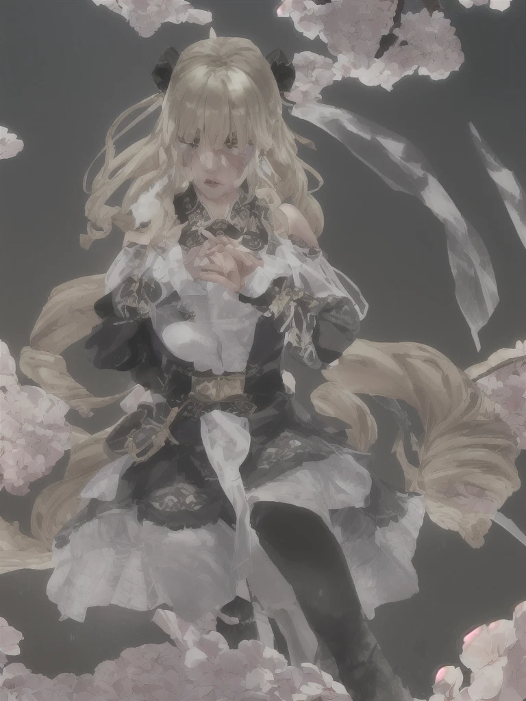 masterpiece, best quality:1.2), 1girl, 独奏, source anime, clorinde \(genshin impact\), tricorn, black pantyhose, earrings, blue cape, white gloves, pencil skirt, white shirt, thigh strap, underbust, ascot, fold-over boots,blue eyes, hair ornaments, Hair Ribbon, blunt , Both sides up, butterfly hair ornaments, skirt,Off the shoulder、Random color see-through kunoichi costume、Japanese see-through female samurai costume、See-through female ninja costume,, Open clothes, Collared dress emphasizes cleavage、胸の谷間のSweat is noticeable、Professional lighting light reflection、 looking at viewer, (masterpiece:1.2), Highest quality, High resolution, unity 8k wallpaper, (figure:0.8), (Beautiful fine details:1.6), Highly detailed face, Perfect lighting, Highly detailed CG, (Perfect hands, Perfect Anatomy),heavy rain、heavy rainで全身びしょ濡れ、heavy rainで全身びしょ濡れの服、High heels、 ((Perfect handsの形))、(Perfect foot shape、Embarrassed expression、blush、Gestures to seduce a man、Shining Sweat、Perfect Skin,Sweat is noticeable、太もものSweat is noticeable、 Fair skin,Tight waist, Sweating profusely、Sweaty hair、Sweaty clothes、Sweaty、Visible sweat、rain-wet hair、A vast Western church with stained glass windows、Holding a Japanese sword、Athlete System、cherry blossoms、Blonde、Silver Hair