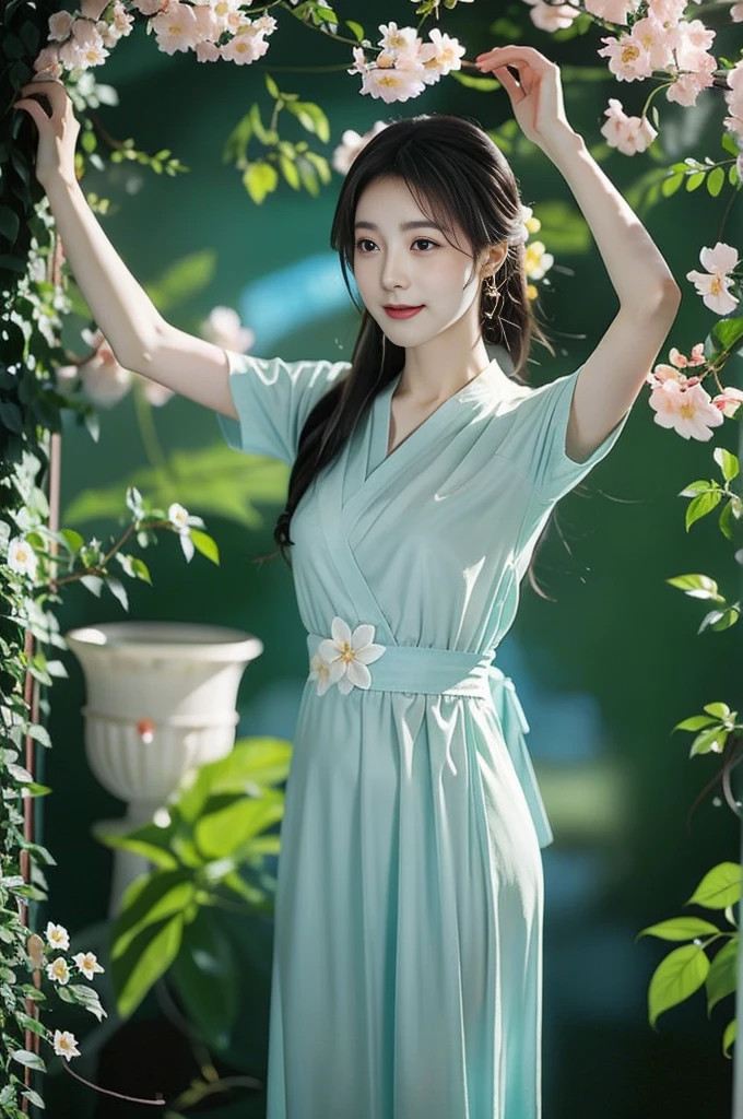 In the fragrant garden, Blind woman standing there,Open your arms, Gently touch the petals she encounters, Connect with nature and sweet blue flowers.