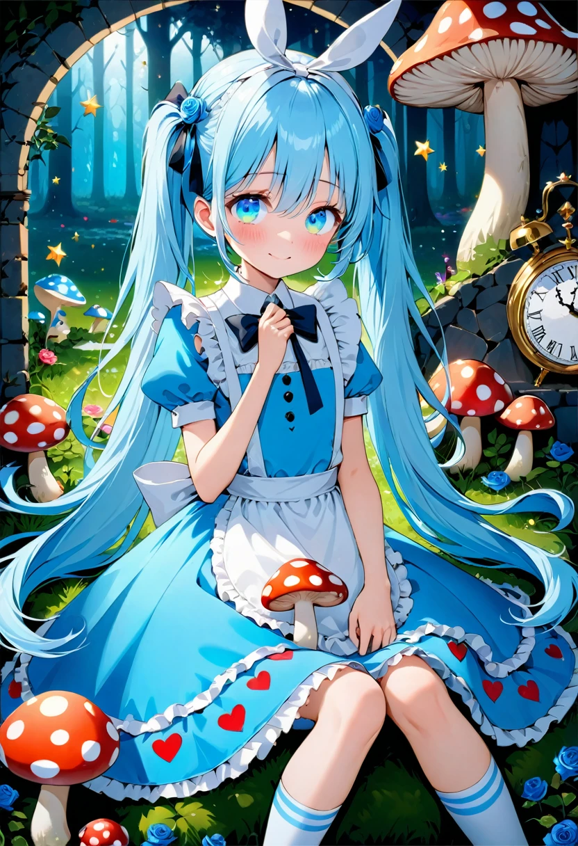 masterpiece, best quality, extremely detailed, (illustration, official art:1.1), 1 girl ,(((( light blue long hair)))), ,(((( light blue long hair)))),light blue hair, , long hair ((blush)) , cute face, big eyes, masterpiece, best quality,(((((a very delicate and beautiful girl))))),Amazing,beautiful detailed eyes,blunt bangs((((little delicate girl)))),tareme(true beautiful:1.2), sense of depth,dynamic angle,,,, affectionate smile, (true beautiful:1.2),,(tiny 1girl model:1.2),)(flat chest), (AliceWonderland), masterpiece, best quality, ultra-detailed, highres, very cute face,1girl, solo, verylong hair, looking at viewer, blush, smile, shy,bangs, hair between eyes, jewelry,yelloweyes, beautiful and delicate golden eyes, wavy hair,wind, twintails,ribbon accessory,flower hair ornament,heartearring,sitting,
BREAK
Fashion
Alice's adventures in Wonderland costume,
wearing an apron dress,
Apron dress with lots of frills and ribbons,
dress like alice in wonderland,
border line socks, border knee high,lace up boots,
big ribbon decoration on head,ribbon hair ornament,
BREAK
A tribute to the world of Alice in Wonderland,
magical night,white rose,red rose,outdoor,Forest, rose background,score_9_up,score_9, skyblue eyes, aqua dress, cape, crypt, vintage, clock, bluerose garden,Best quality,4k,, Alice in Wonderland, holding a glowing mushroom in her hands with colorful stars 、(((glowing mushroom)))