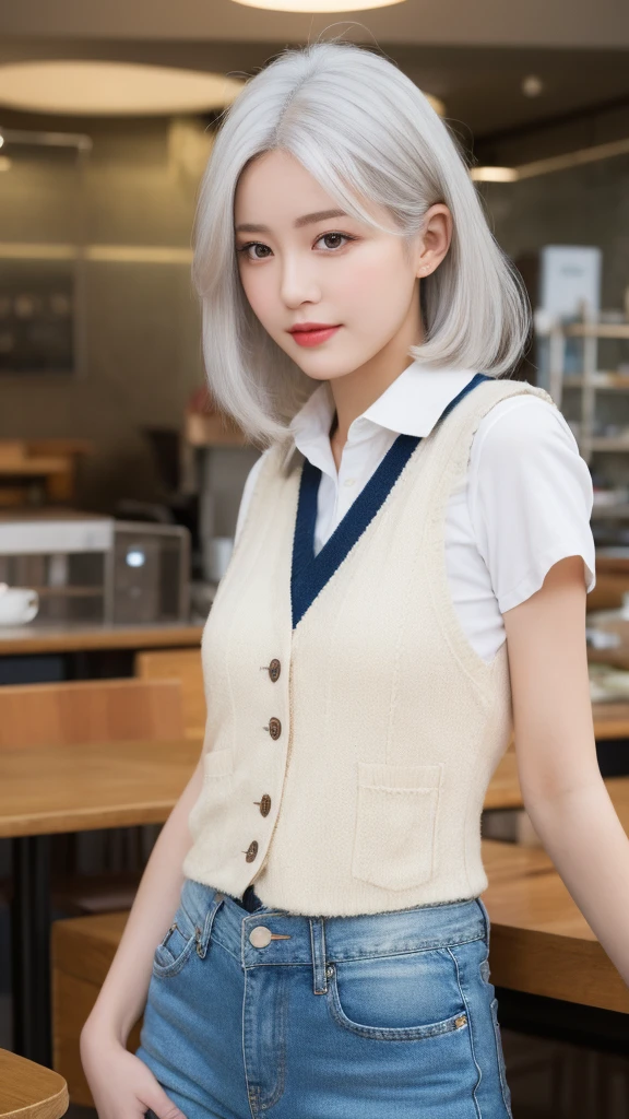 （Realistically， high resolution：1.3）， 1 girl with a perfect figure， The face shape and eyes are super beautiful，White hair， Random color vest：1.2， Short jeans pants， In the cafe， Coffee on the table， Huge ，No ditch