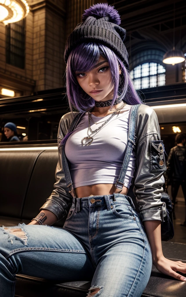 (zendaya), at the the Grand Central Terminal, cinematic, full body shot,facing the viewer, whole head in frame, detailed face, detailed eyes, evening, punk aesthetic, pale blue ripped jeans, braces, suspenders, black boots, white shirt, skull, heart, necklace, chain, bullets, black leather jacket, dark blue beanie, tattoo sleeve, dyed hair, light purple roots, blue ends, navy T-shirt, rock, chick, messy hair, Full body, Beautiful anime waifu style girl, cameltoe, sitting with legs spread, longing gazing hungry sexy facial expression, arms behind back, hands not visible