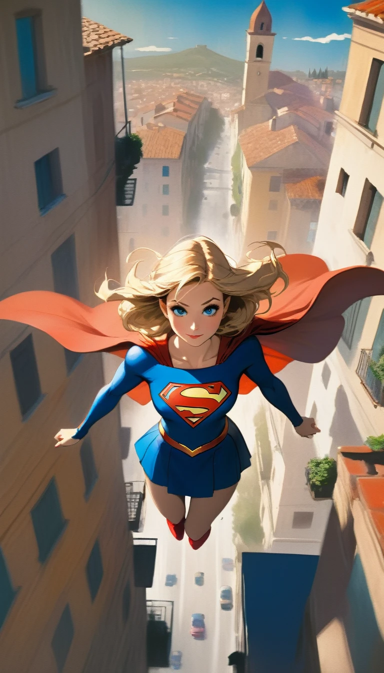 view from above supergirl character, flying over a nice Italian city (art inspired in Bill Sienkiewicz). oil painting)