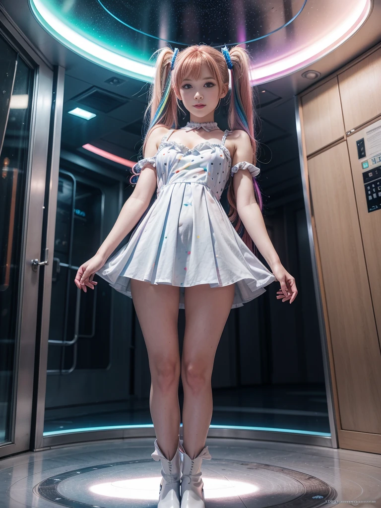 Cute redhead, gravure Idol, with rainbow colored hair tips, ribbons in her hair, 18-year-old woman, happy, in twin tails, perfect symmetrical eyes, clear sparkling blue eyes, pale skin, silky smooth skin, standing on a fancy luxurious space ship, large futuristic corridor, control panels, wood trim, decorative plants, warm lighting, wearing a futuristic dress, pleated (chemise) mini dress (pastel rainbow colors, and polka dots), wearing full body hose, cute short cut booties.