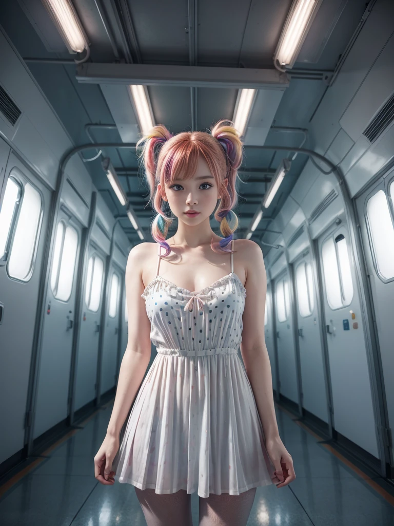 Cute redhead, gravure Idol, with rainbow colored hair tips, ribbons in her hair, 18-year-old woman, happy, in twin tails, perfect symmetrical eyes, clear sparkling blue eyes, pale skin, silky smooth skin, standing on a fancy luxurious space ship, large futuristic corridor, control panels, wood trim, decorative plants, warm lighting, wearing a futuristic dress, pleated (chemise) mini dress (pastel rainbow colors, and polka dots), wearing full body pantyhose, cute short cut booties.