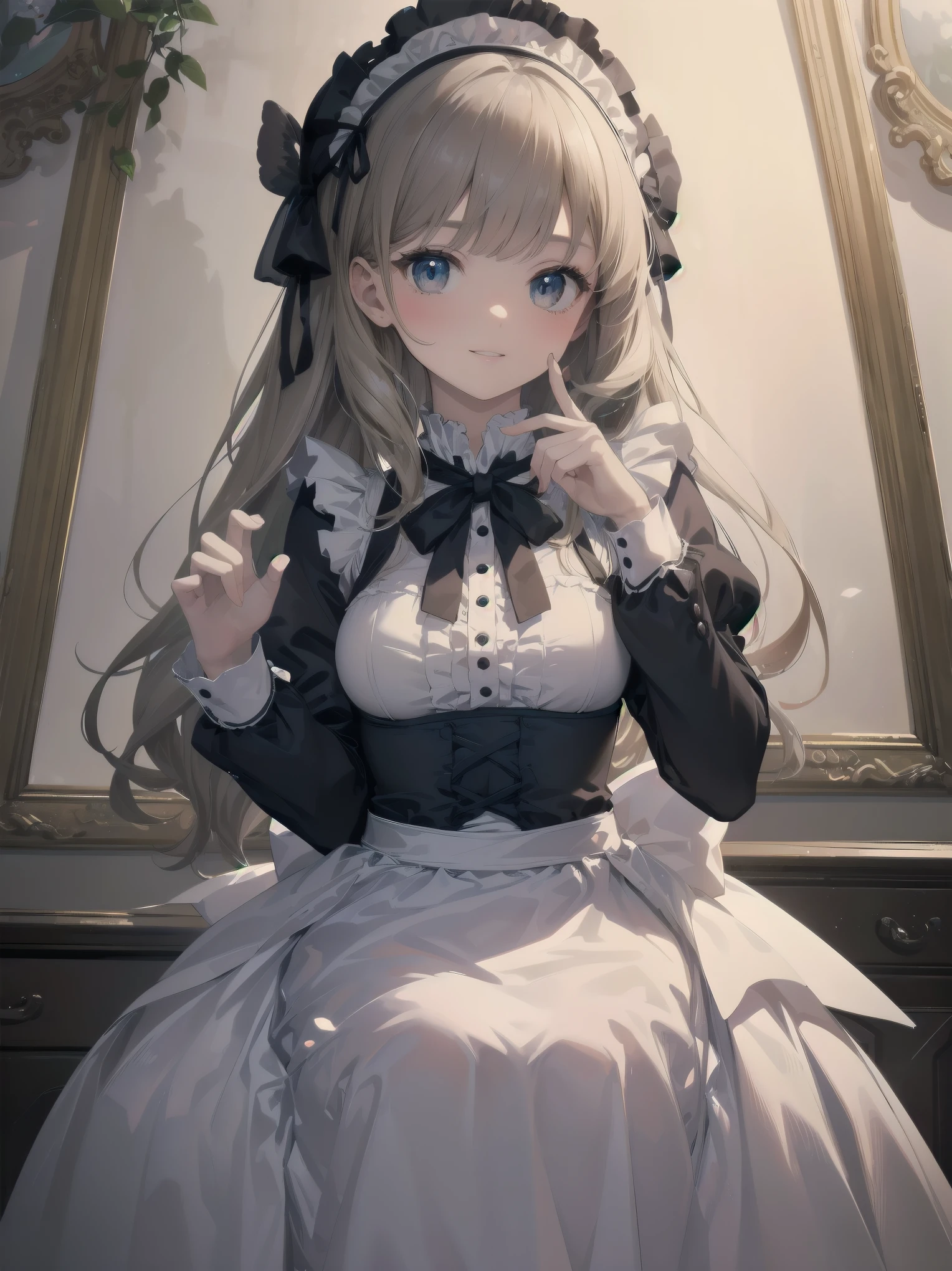 (Highest quality、16K、masterpiece、Ultra-high resolution、Victorian era、Photorealistic:1.2)、A delicate Lolita girl, aged 13、Cute pose of a lolita maid、This 16K masterpiece of illustration beautifully captures the essence of Victorian elegance in a meticulously framed shot. Charming girl Solo radiates sexual allure. Her bright smile lights up the scene as if radiating from within. The pop design and the cuteness that oozes from the details are reminiscent of the best of the animated illustrators of the 2022s.