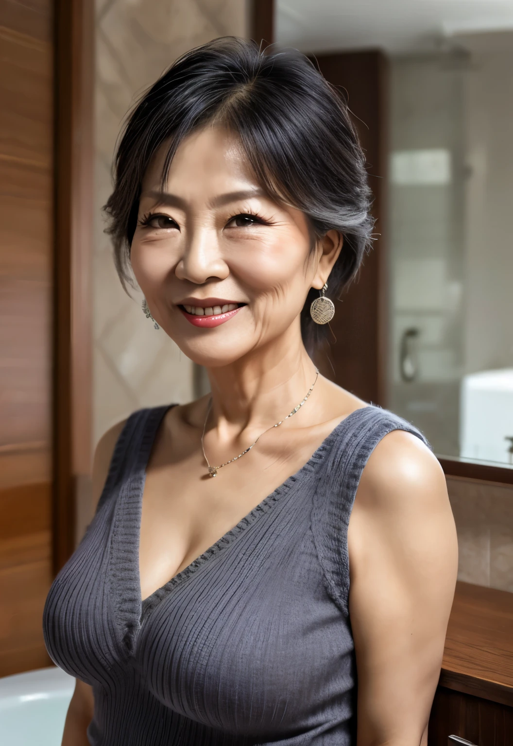 knit　75 years old　mom　milf　Chinese Lady　large earring　Big choker　navel piercing decoration　A bracelet　Silver Hair　realisitic　Gorgeous Madame Beautiful Mature Woman　sexly　Smile　Gentle woman navel piercing　４K　High quality bathroom vanity　Rest Room　Heavy chest　Gorgeous Madame Beautiful Mature Woman