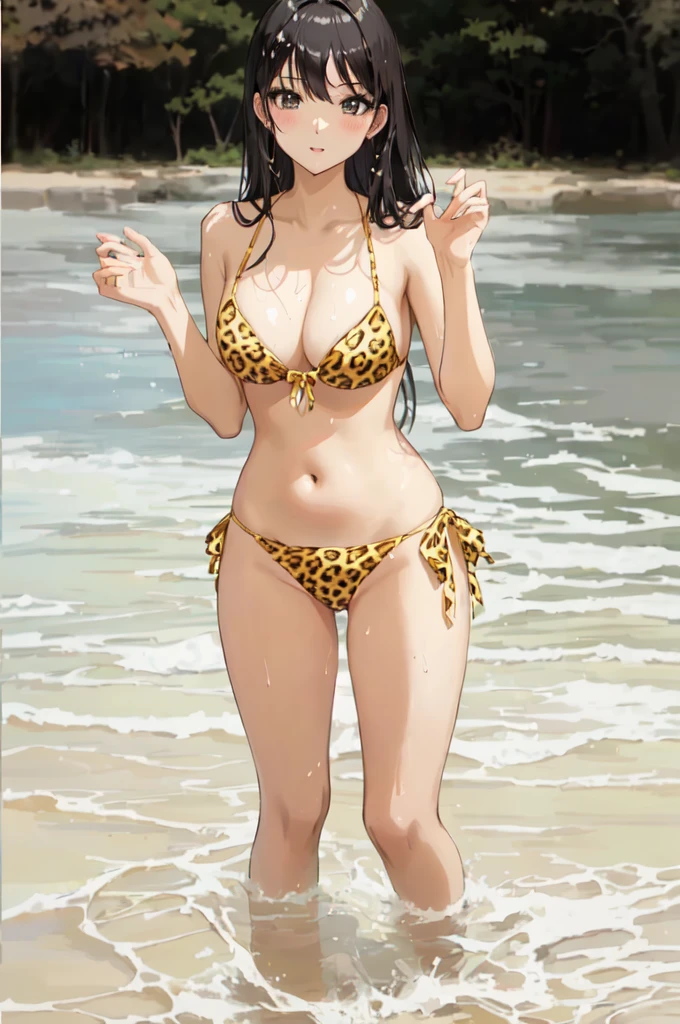anime woman in a leopard print bikini posing in the water, in bikini, full body shot in bikini, cute bikini, gorgeous bikini model, young pretty gravure idol, young sensual gravure idol, sexy girl, bikini model, in a bikini, ayami kojima amano, elegant bikini, sophisticated gravure idol, gorgeous figure, young skinny gravure idol, wet, anime style