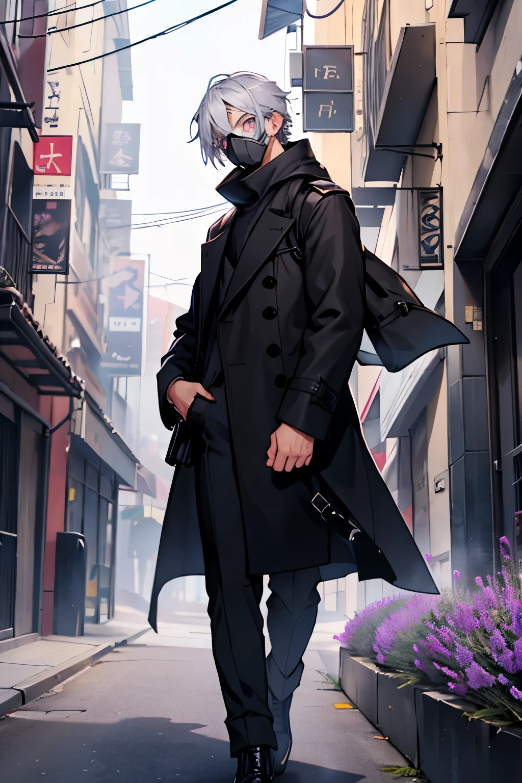 a boy, 1.80, silver hair, gas mask covering just the mouth, lavender eyes, wearing a black overcoat with white street clothes underneath