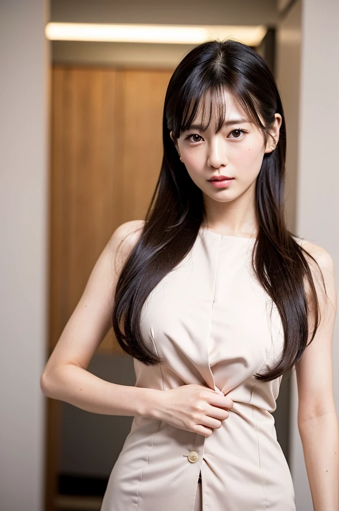 Mature Japanese,ponytail,Office Clothes,Age 35,Erotic style,So cute,whole body,Perfect face with soft skin,Gorgeous long brown hair,8K resolution,Ultra-realistic,Super detailed,high quality,Erotic beautiful Japanese woman in fashionable clothes,(Look at the viewers)