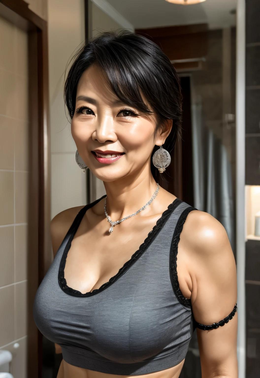 66 years old　mom　milf　Chinese Lady　large earring　Big choker　navel piercing decoration　A bracelet　Silver Hair　realisitic　Gorgeous Madame Beautiful Mature Woman　sexly　Smile　Gentle woman navel piercing　４K　High quality bathroom vanity　Rest Room　Sports bra