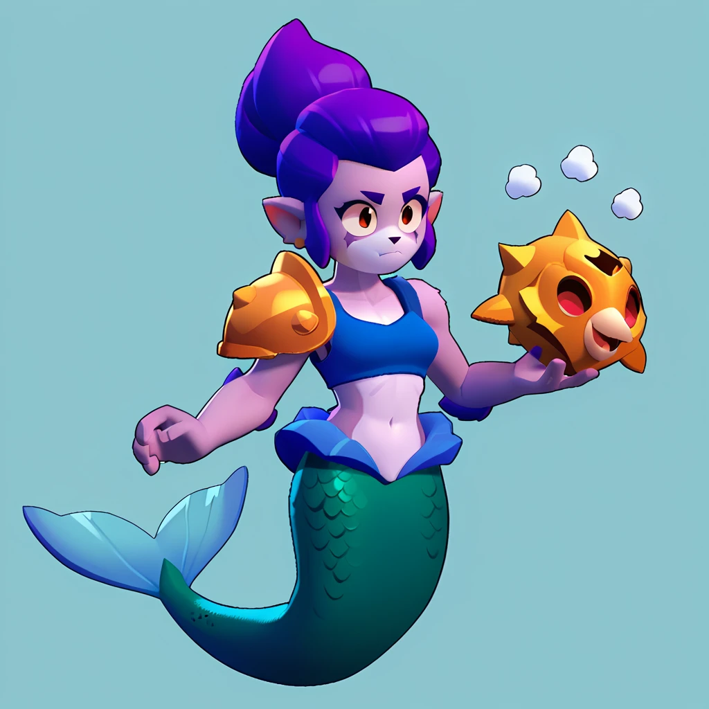 full body view of a furry mermaid, furry animal, female, long purple hair, red and white color, having steel shoulder pads, brawl, brawl stars