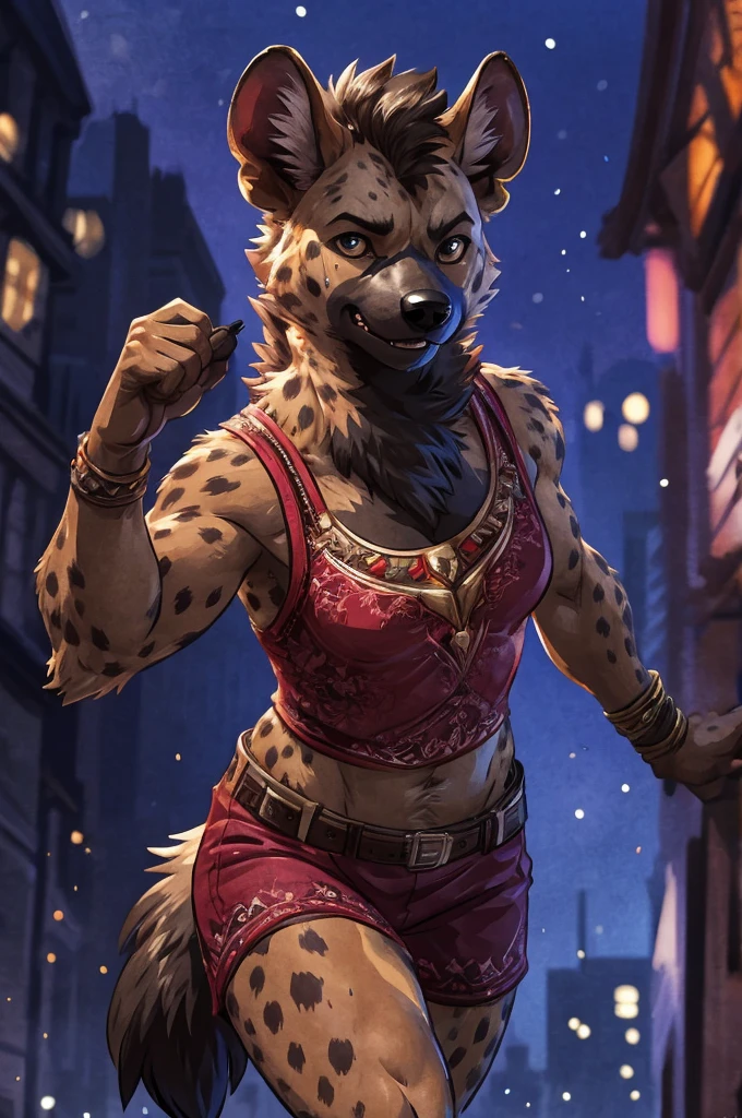 anthro ((female)) hyena, ((hyena)) 4k, high resolution, best quality, posted on e621, solo, anthro body, female, adult, correct anatomy, (blurry background, out-of-focus background:1.2), (by wfa:1), (by Taran Fiddler:0.5), young, (cel shaded, cartoony shading:1.2), black lineart, black outline, flat coloring, (strong shadows, dark shadows:1.2), dynamic pose, sad ambience, crying, night time,