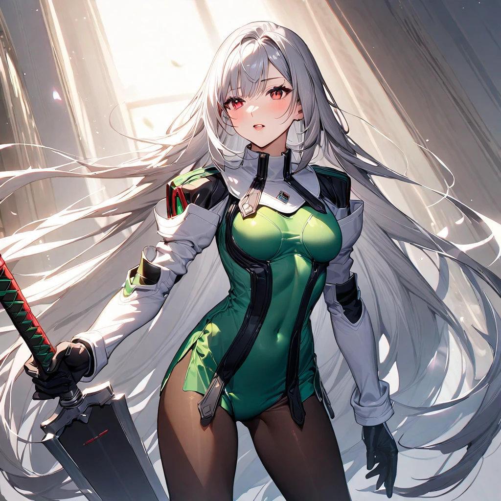 (masterpiece),(Highest quality),(Super detailed),(Best illustrations),(so beautiful), so beautiful長い脚,Silver Hair, Red eyes, Very long hair, pantyhose, Blue headband, Green leotard, White Cape, Shoulder pads, bracelet holding weapon, huge sword, duel,