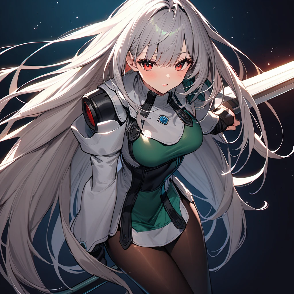 (masterpiece),(Highest quality),(Super detailed),(Best illustrations),(so beautiful), so beautiful長い脚,Silver Hair, Red eyes, Very long hair, pantyhose, Blue headband, Green leotard, White Cape, Shoulder pads, bracelet holding weapon, huge sword, duel,