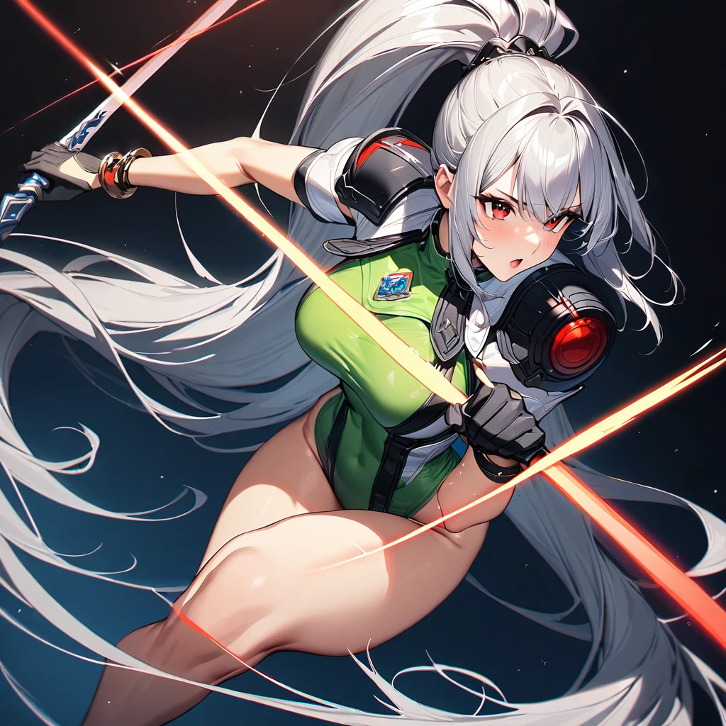 (masterpiece),(Highest quality),(Super detailed),(Best illustrations),(so beautiful), so beautiful長い脚, Thighs, Silver Hair, Red eyes, Very long hair, High Ponytail, Blue headband, Green leotard, White Cape, Shoulder pads, bracelet, holding weapon, huge_sword, slashing,