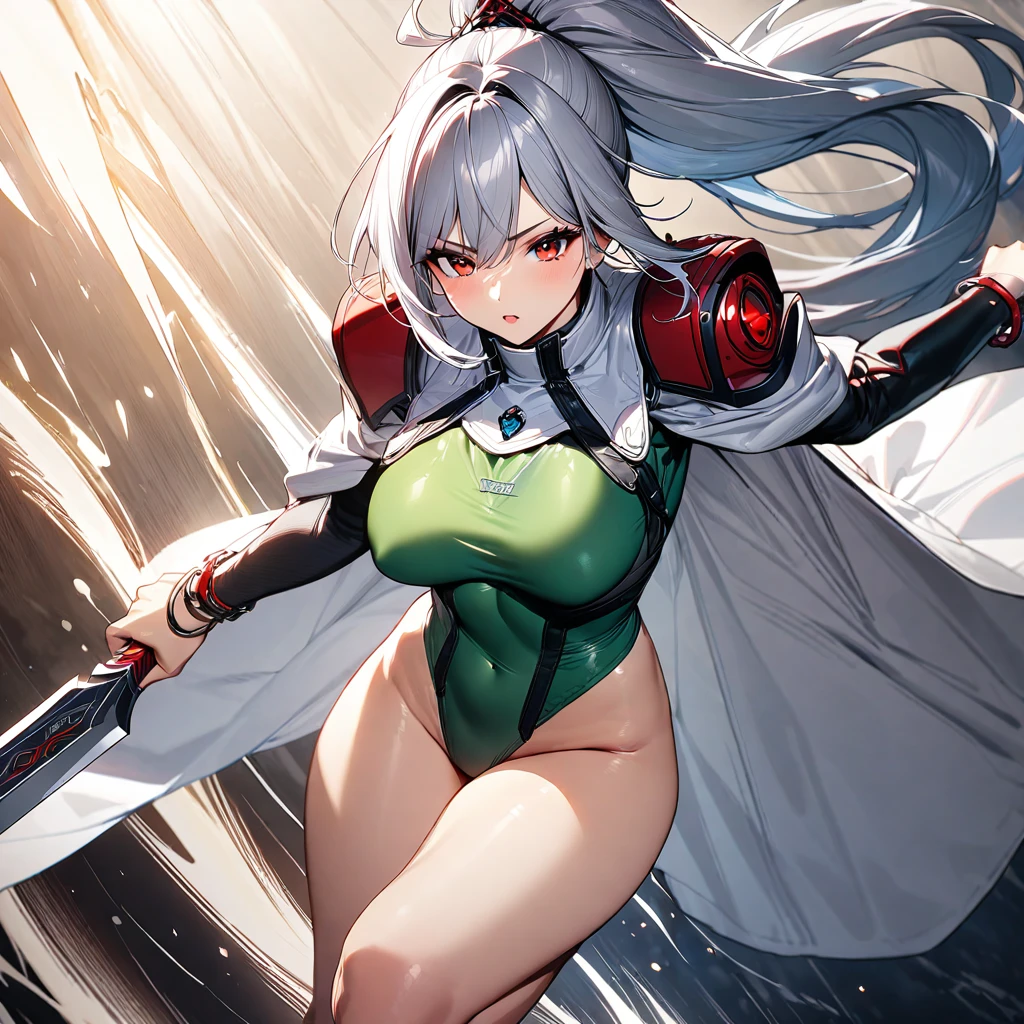 (masterpiece),(Highest quality),(Super detailed),(Best illustrations),(so beautiful), so beautiful長い脚, Thighs, Silver Hair, Red eyes, Very long hair, High Ponytail, Blue headband, Green leotard, White Cape, Shoulder pads, bracelet, holding weapon, huge_sword, slashing, 