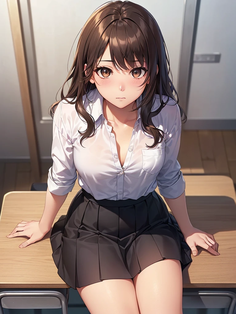 ((Tabletop, Highest quality, High resolution, Hmph, Pixel perfect, 4K, Hmph, Hmph))), One Girl, single, alone, Beauty、The whole body is visible、 ((Medium length wavy hair, bangs, Brown Hair)), ((Brown eyes, Beautiful eyelashes, Realistic eyes)), ((Detailed face, Blushing:1.2、Open it a little、Look up)), ((Smooth texture:0.75, Realistic texture:0.65, Realistic:1.1, Anime CG Style)), Medium chest, Dynamic Angle, Perfect body, ((school uniform,  White shirt, Black Skirt, Unbuttoned shirt、Checked skirt、I'm not wearing shoes、White Sox)), An empty classroom、Sit at a desk、Lower&#39;I took my feet off the desk.................................、Very embarrassing panic smile、(Lift up your skirt with your right hand、Spread your legs、Knees wide open、、Light blue floral lace panties)、、(Cute floral bra)、Angle from below