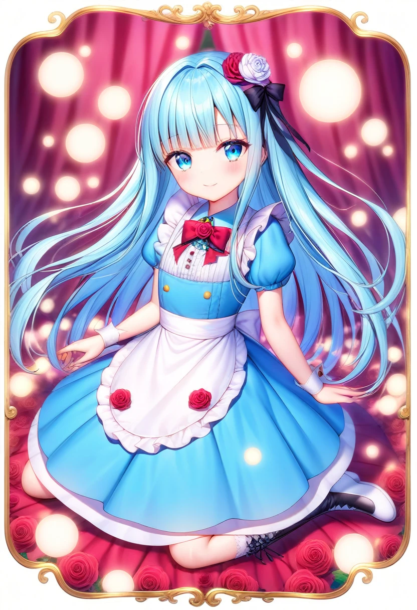 masterpiece, best quality, extremely detailed, (illustration, official art), 1 girl ,(((( light blue long hair)))), ,(((( light blue long hair)))),light blue hair, , long hair ((blush)) , cute face, big eyes, masterpiece, best quality,(((((a very delicate and beautiful girl))))),Amazing,beautiful detailed eyes,blunt bangs((((little delicate girl)))),tareme(true beautiful:1.2), sense of depth,dynamic angle,,,, affectionate smile, (true beautiful:1.2),,(tiny 1girl model:1.2),(flat chest), , masterpiece, best quality, ultra-detailed, highres, very cute face,1girl, solo, verylong hair, looking at viewer, blush, smile, shy,bangs, hair between eyes, jewelry,yelloweyes, beautiful and delicate golden eyes, wavy hair,wind, twintails,ribbon accessory,flower hair ornament,heartearring,sitting,
Alice's adventures in Wonderland costume,
wearing an apron dress,
Apron dress with lots of frills and ribbons,
dress like alice in wonderland,
border line socks, border knee high,lace up boots,
big ribbon decoration on head,ribbon hair ornament,
BREAK
A tribute to the world of Alice in Wonderland,
magical night,white rose,red rose,outdoor,Forest, rose background,score_9_up,score_9, skyblue eyes, aqua dress, cape, crypt, vintage, clock, bluerose garden,Best quality,4k,, Alice in Wonderland, holding a glowing mushroom in her hands with colorful stars 、(((glowing mushroom)))