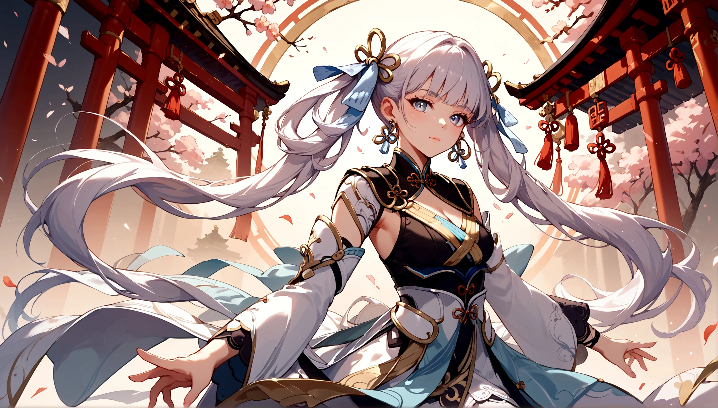 score_9, score_8_up, score_7_up, score_6_up, masterpiece, top quality, best quality, official art, beautiful and aesthetic, close up shot, centered, JinshiWW, long hair, twintails, hair rings, hair ornament, earrings, chinese clothes, two-tone dress, black dress, white dress, cleavage cutout, armlet, white thighhighs, dynamic pose, chinese temple background, Expressiveh