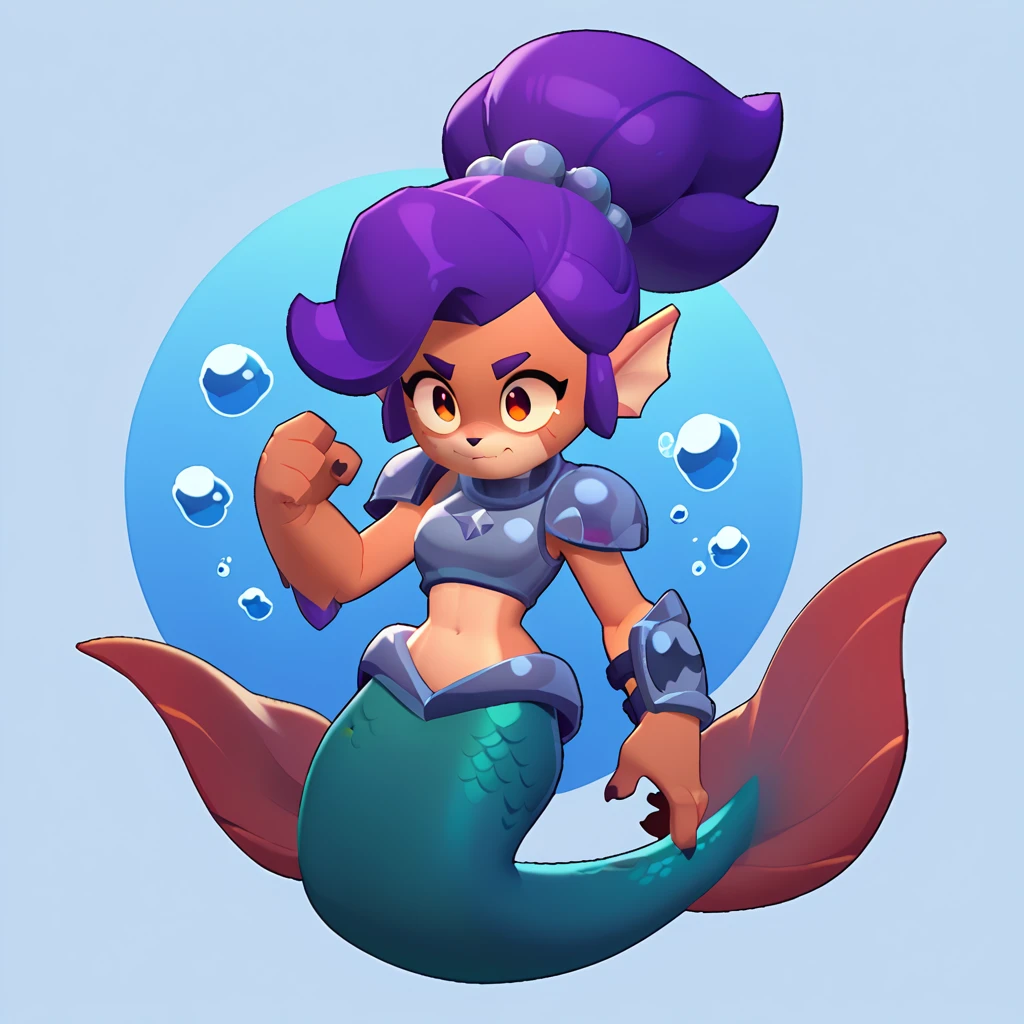 full body view of a furry mermaid, furry animal, female, long purple hair, red and white color, having steel shoulder pads, brawl, brawl stars