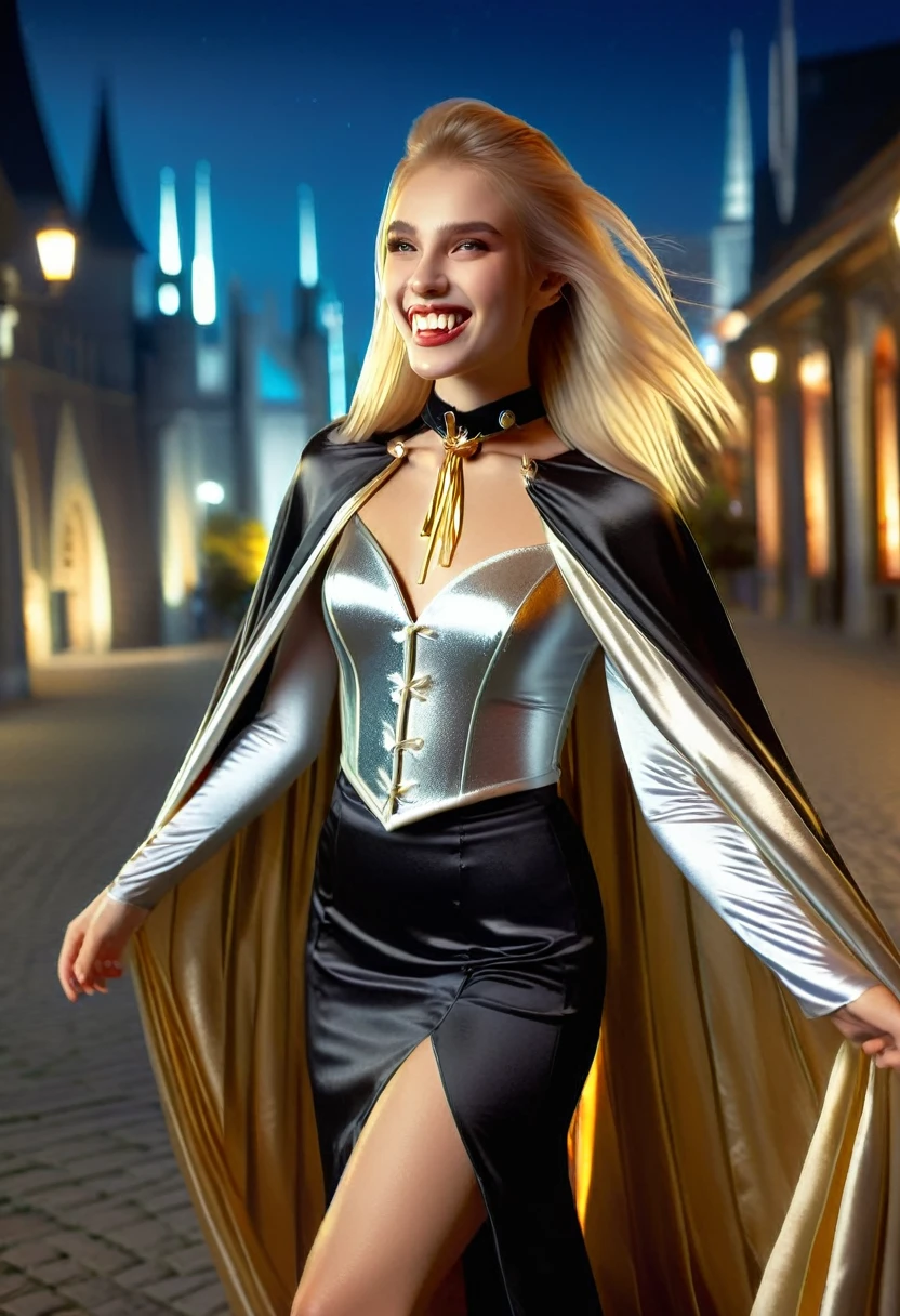 Vampyfangs1,(RAW photo) , 1girl, cute, 20 years old, long blonde hair in ponytail, smiling, look at viewer, ((((silver and gold lined satin cape tied at the neck)))+++, side spilt skirt , photo, realistic, best quality, hires, detailed face, detailed background, diffused lighting, depth of field, bokeh