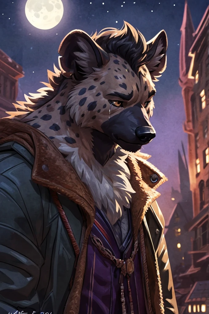 anthro ((female)) hyena, ((hyena)) 4k, high resolution, best quality, posted on e621, solo, anthro body, female, adult, correct anatomy, (blurry background, out-of-focus background:1.2), (by wfa:1), (by Taran Fiddler:0.5), young, (cel shaded, cartoony shading:1.2), black lineart, black outline, flat coloring, (strong shadows, dark shadows:1.2), dynamic pose, ((sad ambience)), crying, night time, looking tired, moon,