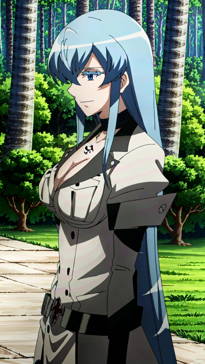 (extremely detailed CG unity 4k wallpaper),(masterpiece),(best quality),(ultra-detailed),(best illustration),(best shadow),(absurdres),(detailed background), Esdeath, 1girl, breasts, long hair, blue hair, blue eyes, cleavage, large breasts, very long hair, uniform, military, nature, military uniform, forest, tattoo, brown hair, smile, mature woman