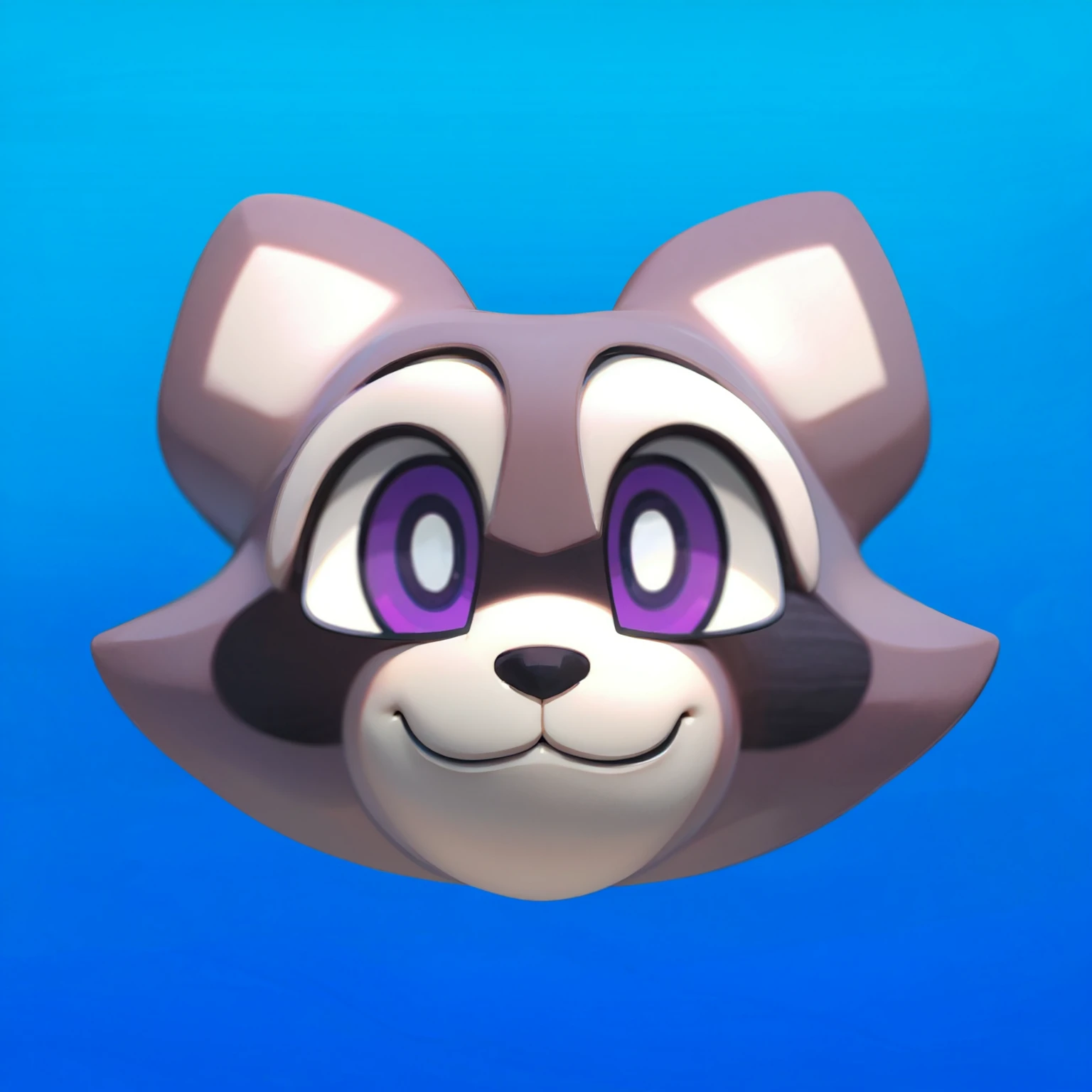 This image features a cute and cartoonish raccoon face set against a gradient blue background. The raccoon's face is characterized by its large, expressive purple eyes and a friendly, smiling expression. The fur is predominantly gray with white accents on the ears, around the eyes, and on the muzzle. The raccoon also has the distinctive black "mask" around its eyes, adding to its recognizable and charming look. The overall design is playful and appealing, evoking a sense of fun and whimsy.