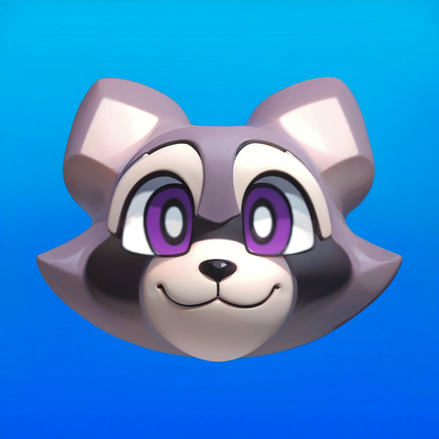 This image features a cute and cartoonish raccoon face set against a gradient blue background. The raccoon's face is characterized by its large, expressive purple eyes and a friendly, smiling expression. The fur is predominantly gray with white accents on the ears, around the eyes, and on the muzzle. The raccoon also has the distinctive black "mask" around its eyes, adding to its recognizable and charming look. The overall design is playful and appealing, evoking a sense of fun and whimsy.