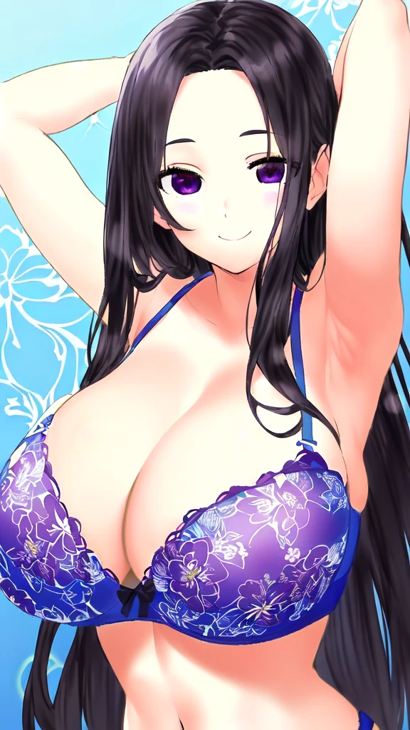 (masterpiece:1.4), (best quality:1.3),1girl, (beautiful detailed girl:1.3), (arms behind head:1.25), (upper body:1.2), (black hair:1.2), (long hair:1.2), (forehead:1.25), (parted bangs1.15), (purple beautiful detailed puffy eyes:1.3), (closed mouth:1.2), (smile:1.25), (huge breasts:1.4), (cleavage:1.3), (blue beautiful detailed floral print bra:1.4),