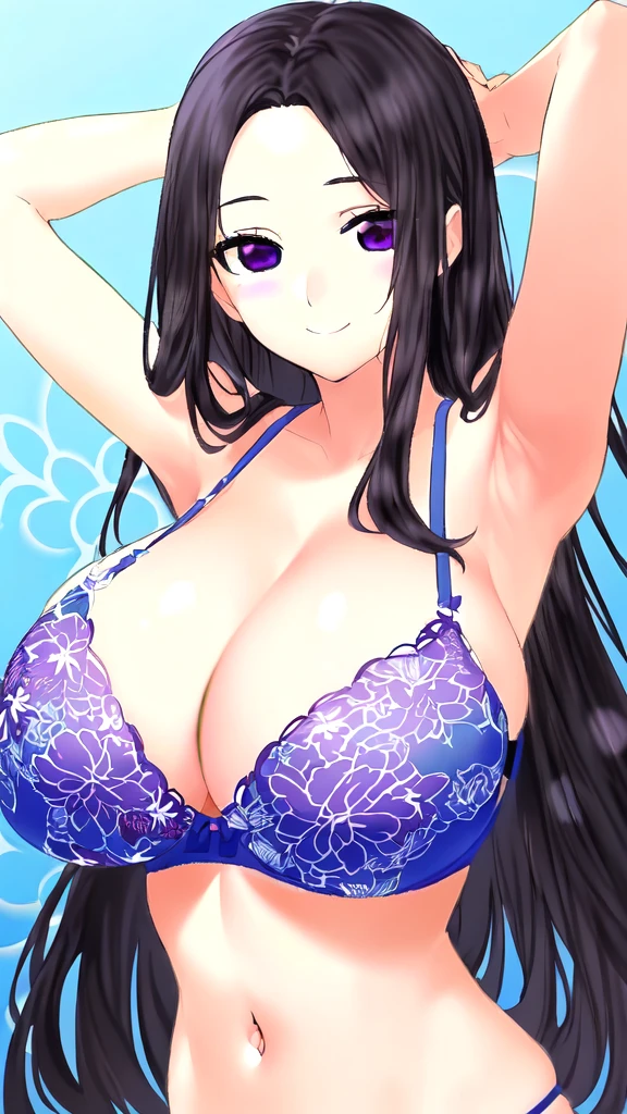 (masterpiece:1.4), (best quality:1.3),1girl, (beautiful detailed girl:1.3), (arms behind head:1.25), (upper body:1.2), (black hair:1.2), (long hair:1.2), (forehead:1.25), (parted bangs1.15), (purple beautiful detailed puffy eyes:1.3), (closed mouth:1.2), (smile:1.25), (huge breasts:1.4), (cleavage:1.3), (blue beautiful detailed floral print bra:1.4),