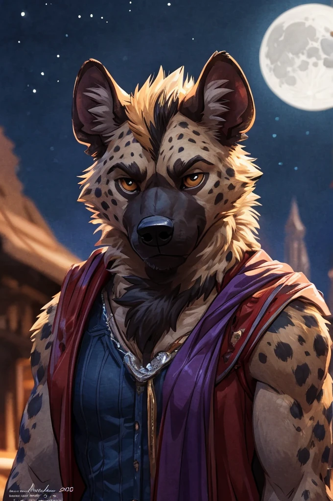 anthro ((female)) hyena, ((hyena)) 4k, high resolution, best quality, posted on e621, solo, anthro body, female, adult, correct anatomy, (blurry background, out-of-focus background:1.2), (by wfa:1), (by Taran Fiddler:0.5), young, (cel shaded, cartoony shading:1.2), black lineart, black outline, flat coloring, (strong shadows, dark shadows:1.2), dynamic pose, ((sad ambience)), night time, looking tired, moon,