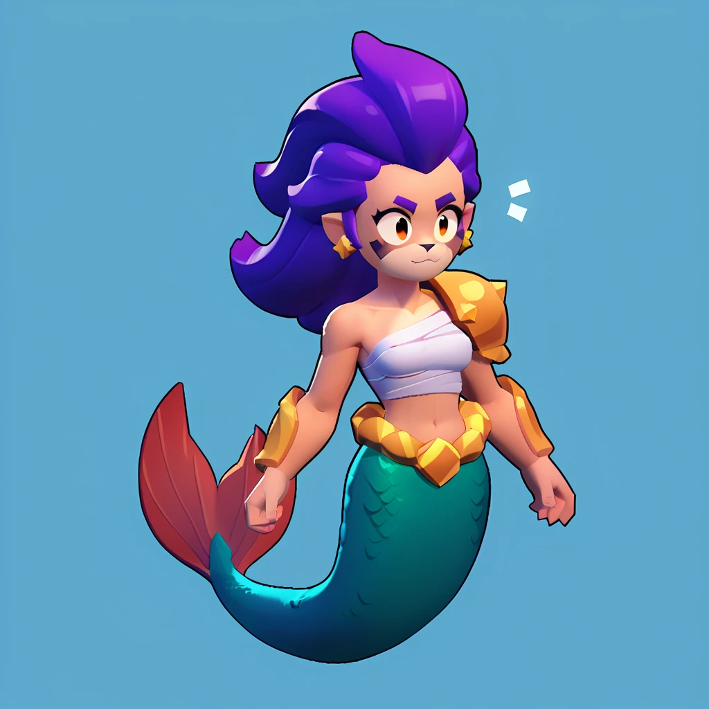 full body view of a furry mermaid, furry animal, female, long purple hair, red and white color, having steel shoulder pads, brawl, brawl stars