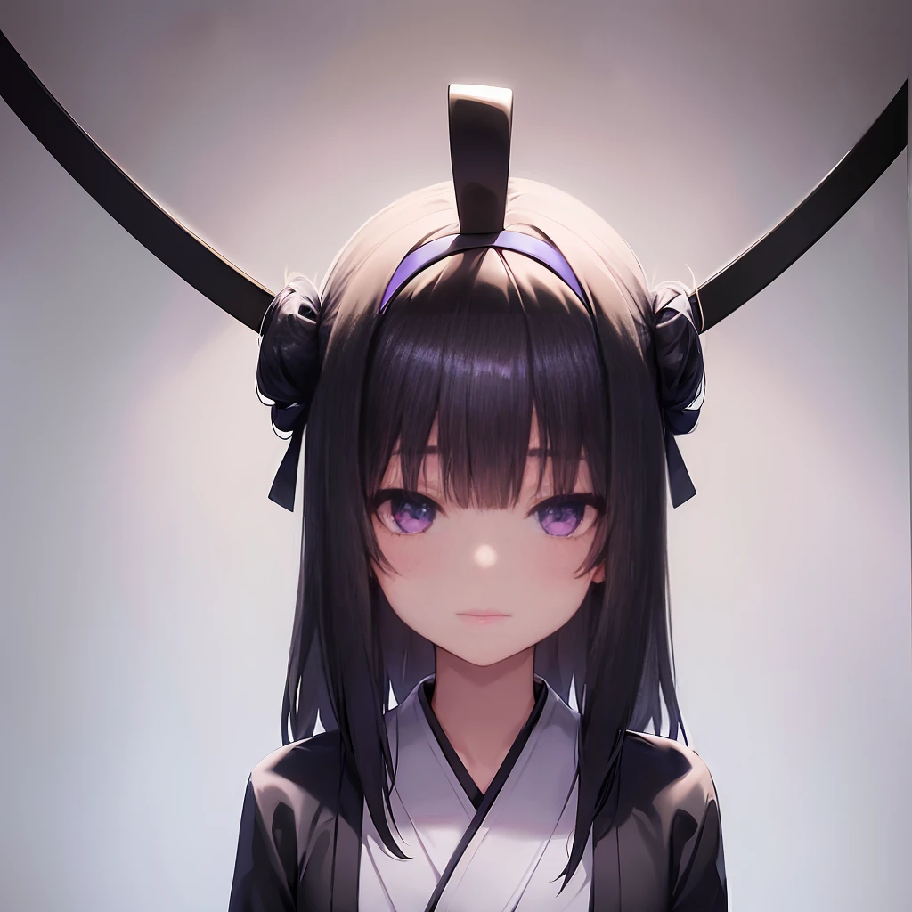 1girl, ahoge, simple background, black bow, black legwear, purple eyes, bow closed mouth, black hairband, haori highres, holding katana, japanese clothes, white kimono long sleeves, short black skirt, looking at viewer, white hair sash, short hair, short kimono, solo standing, full body, thigh-highs wide sleeves, high detail, detailed eyes, hdr, 8k, ultra realistic, nsfw, (beautiful detailed eyes), (detailedlight), ((intricate detail)), (highres), ((illustration)), (((masterpiece))), ((best quality)), (high resolution)