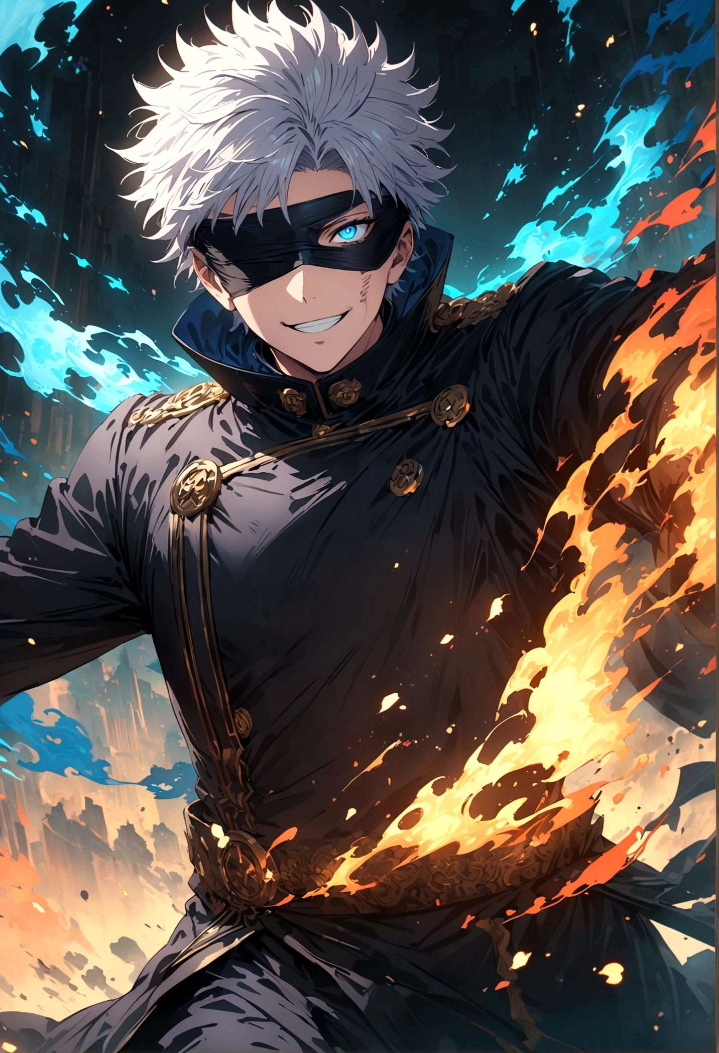 (1 male,Satoru Gojo,JUJUTSU KAİSEN,Gray Hair),(Gojo Satoru Costume Details:black clothes with a high collar,(black blindfold)), (Infinite Void)Draw a scene,break,(Lift the blindfold to reveal one eye:blue eyes:A pale flame rises from your eyes:Draw the details of the eyes:Man's facial expression'His eyes as he prepares to unleash his special move),break,,Sarcastic smile,,Gojo is a tall adult male..,Very likeable male characters,Rising pale energy,Ishida Midori Style,I was impressed by Yoshihiro Togashi.,black, White and blue as main colors,Intricate details,Wind,wonderfulイラスト作品,Decadent,artwork,Perfect Anatomy,Anatomically correct,,Dynamically,Nice,wonderful,Dark fantasy,Light and Dark,Come here,(masterpiece:1.3),(Highest quality:1.4),(Super detailed:1.5),High resolution,Very detailed,unity 8k wallpaper,Close-up shot