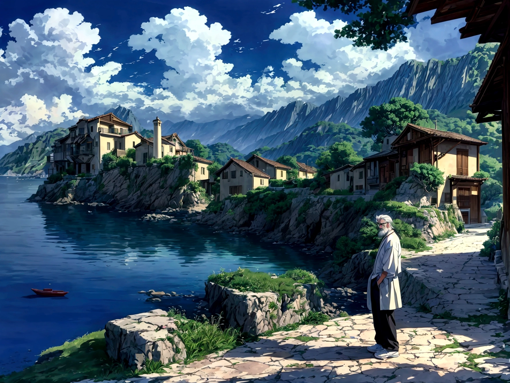 Create a high-quality anime-style image featuring an elderly man standing on a rocky cliff by the sea. The man has white hair, a beard, and is wearing round glasses. He is dressed in a white shirt, beige pants rolled up at the ankles, and white sneakers. His posture is relaxed, with his hands in his pockets, gazing thoughtfully into the distance.
The background consists of a clear blue sky filled with fluffy, white clouds. Below the cliff, there is a calm sea with boats and a small coastal village nestled at the foot of green, mountainous terrain. The scene captures a peaceful, reflective moment, with vibrant colors and detailed shading to emphasize the tranquil and contemplative atmosphere.