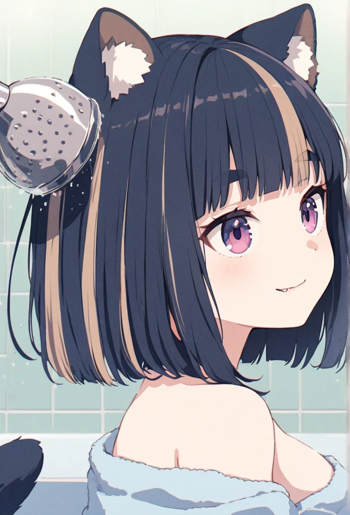 anime,(pale colors:1.8),long shot, 1girl, (on right:1.3), solo, cat mouth, smile, taking shower in head, showerhead, in bath, wearing towel, looking up, from side, fang, blue hair, bobcut, straight hair, racoon ears, racoon tail, (brown streaked hair:1.3), (blunt bangs) ,thick eyebrows, big breast, shadow,