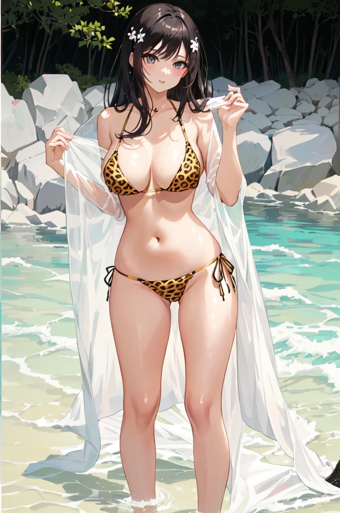 anime woman in a leopard print bikini posing in the water, in bikini, full body shot in bikini, cute bikini, gorgeous bikini model, young pretty gravure idol, young sensual gravure idol, sexy girl, bikini model, in a bikini, ayami kojima amano, elegant bikini, sophisticated gravure idol, gorgeous figure, young skinny gravure idol, wet, anime style