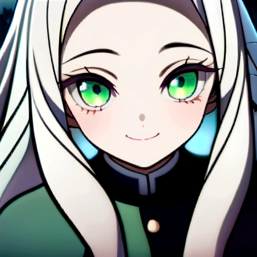 Masterpiece, Best Quality,1 girl、Kimetsu no Yaiba style、uniform hashira、  bright platinum hair 、long hair、bright platinum hair、smiles、    cold、   pastel green eyes、  light eyes、cold、close-up、