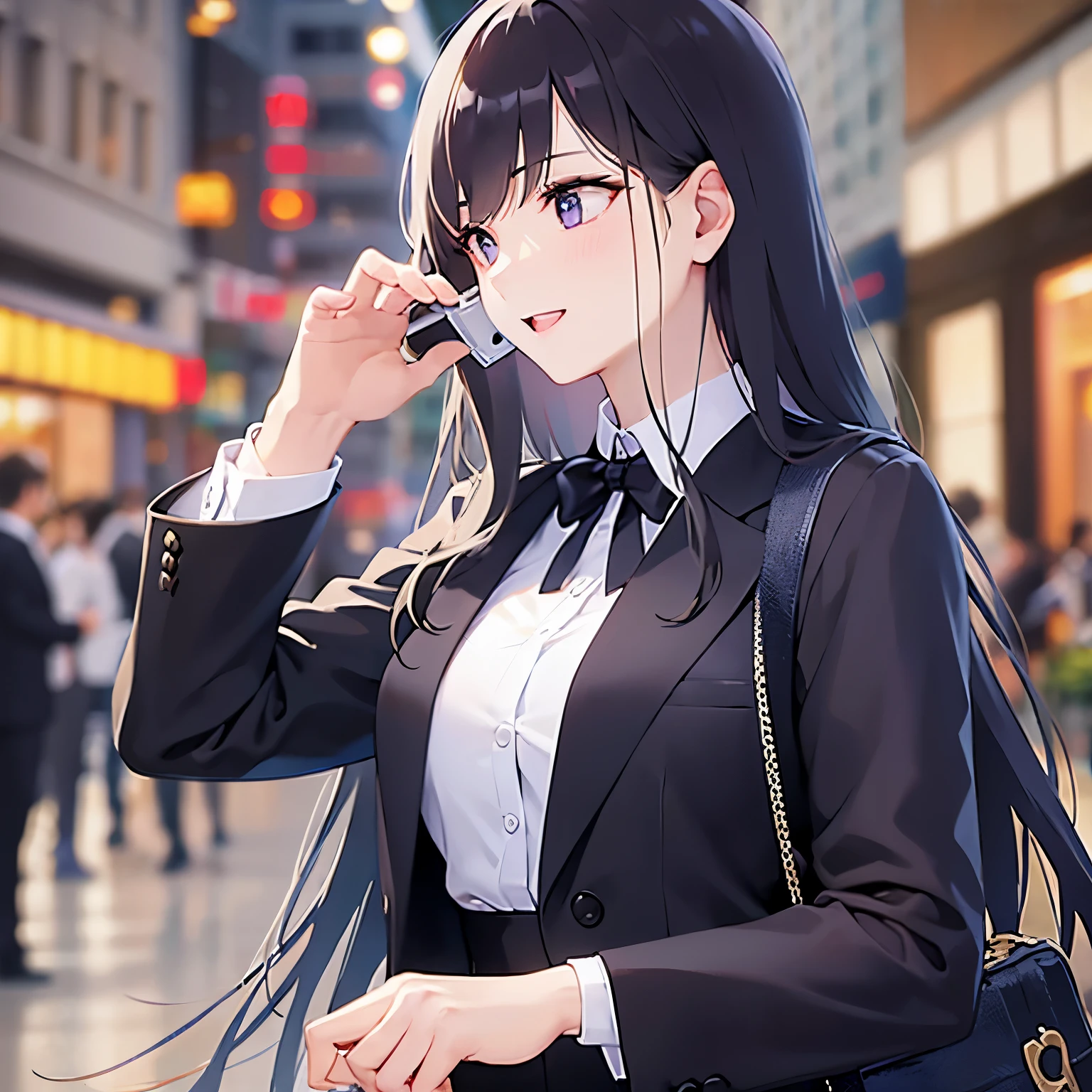 making a call on a smartphone, Biologically correct five fingers、side angle, (looking away:1.5), Realistic, real person, (pale skin: 1.2), RAW photo, photorealistic, shiny skin, shiny hair、(A 25-year-old woman with straight hair and bangs) and (medium hair) and (black hair) and (purple eyes) , (business suit:1.5) and (white collared shirt)、(smile:1.2), open mouth, The background is a shopping street at night、Alone、