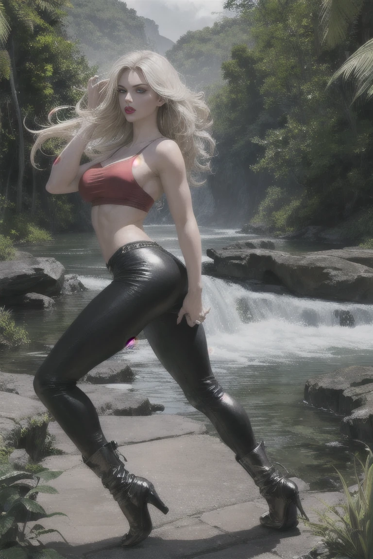 full body From side. Full body shot of An ultra hot gorgeous European woman. Age 23. She’s a playmate and men magazine model. long blonde hair. blue eyes, red lips, In a jungle landscape ranch. Looking at the sky with dark black storm clouds lightning She wears leather pants and brown leather jacket and white tank top. Perfect anatomy, perfect hair, perfect breast, perfect body, perfect hands, perfect face, perfect eyes, accurate, anatomically correct, perfect clear and crisp focus, dramatic cinematic light
