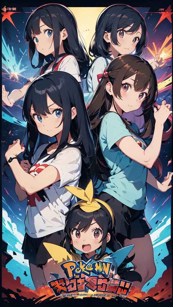 a group of pokemon characters standing in front of a dark background with the words pokemon, pokemon art style, illustration pokemon, pokemon anime style, pokemon style, ken sugimori art, for pokemon red and blue, promotional art, anime epic artwork, style of pokemon, anime picture, pokemon trainer, pokemon, epic video game art, epic artwork, trending anime artwork, 2 d digital video game art, Ken Sugimori, by Ken Sugimori, video game fanart, pokémon